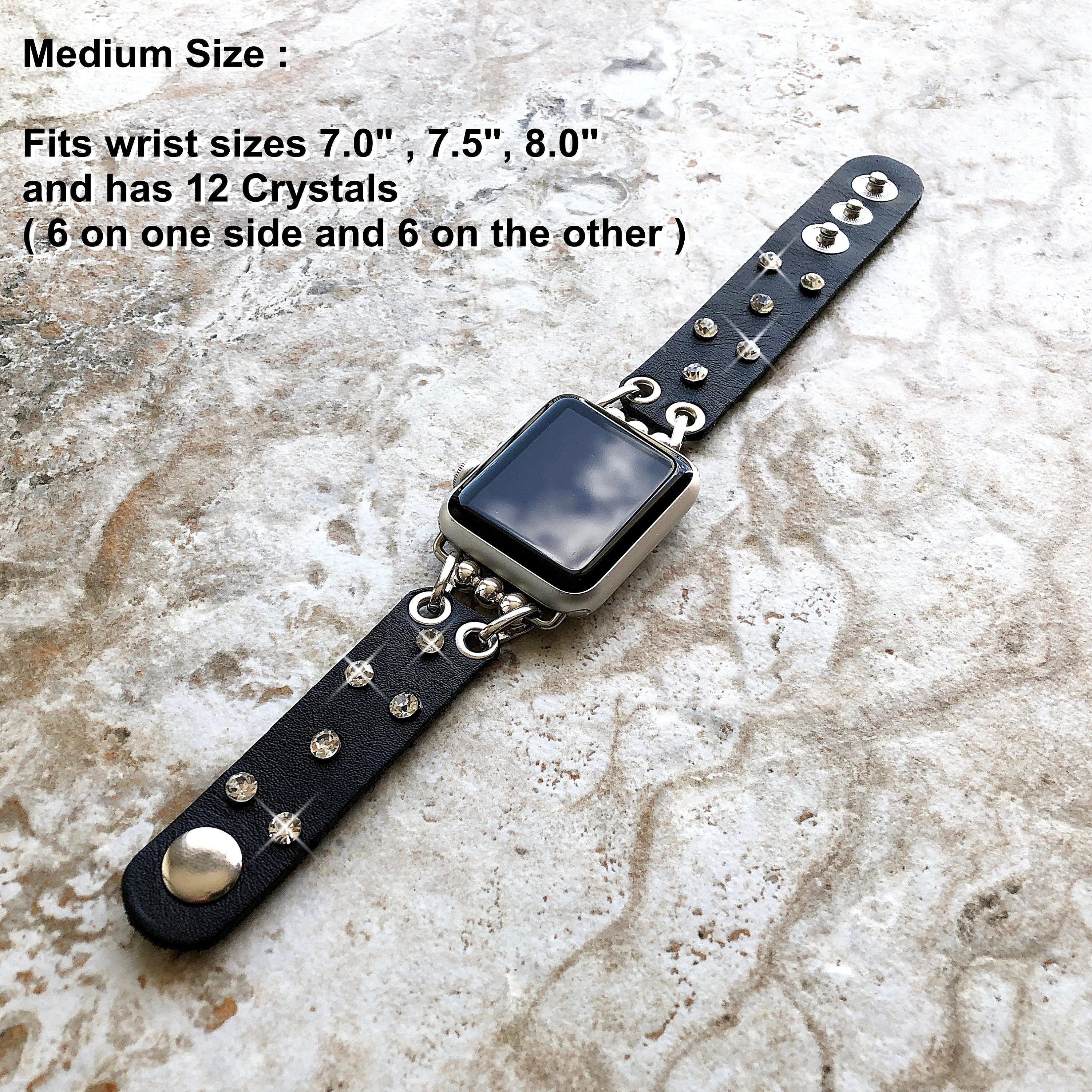 Apple Watch Ultra 2 and 9 8 Series Black Leather Bracelet Band with Crystals for iWatch 41mm 45mm 49mm Handmade Strap BL20-CLC5